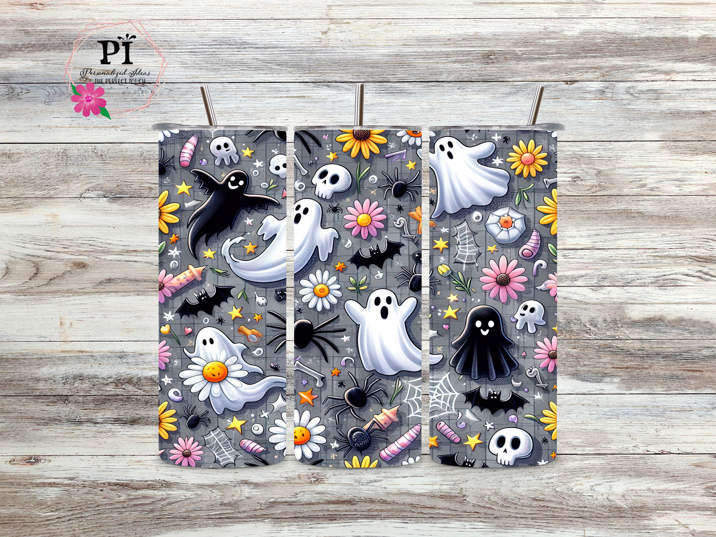 Halloween Ghost and flowers bat tumbler ready to ship 20 oz tumbler