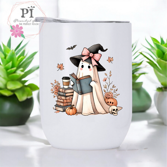 Ghost Reading Books Halloween Fall 12 oz Straight wine tumbler