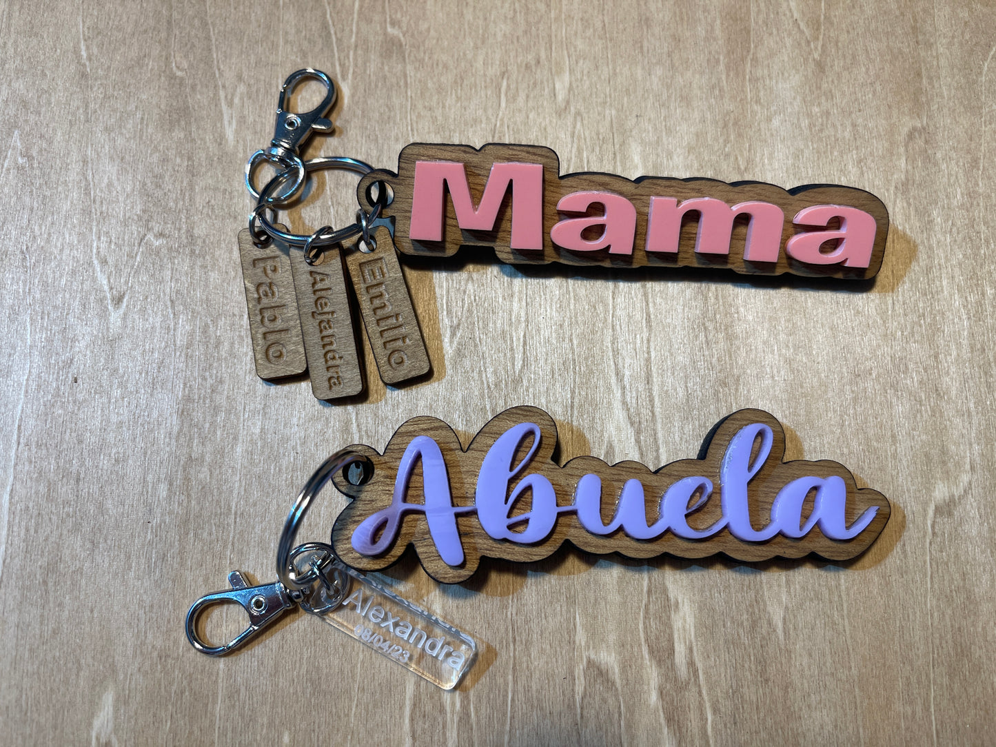 Mother’s Day, custom rustic wood and acrylic keychains with kids charm, grandma keychains