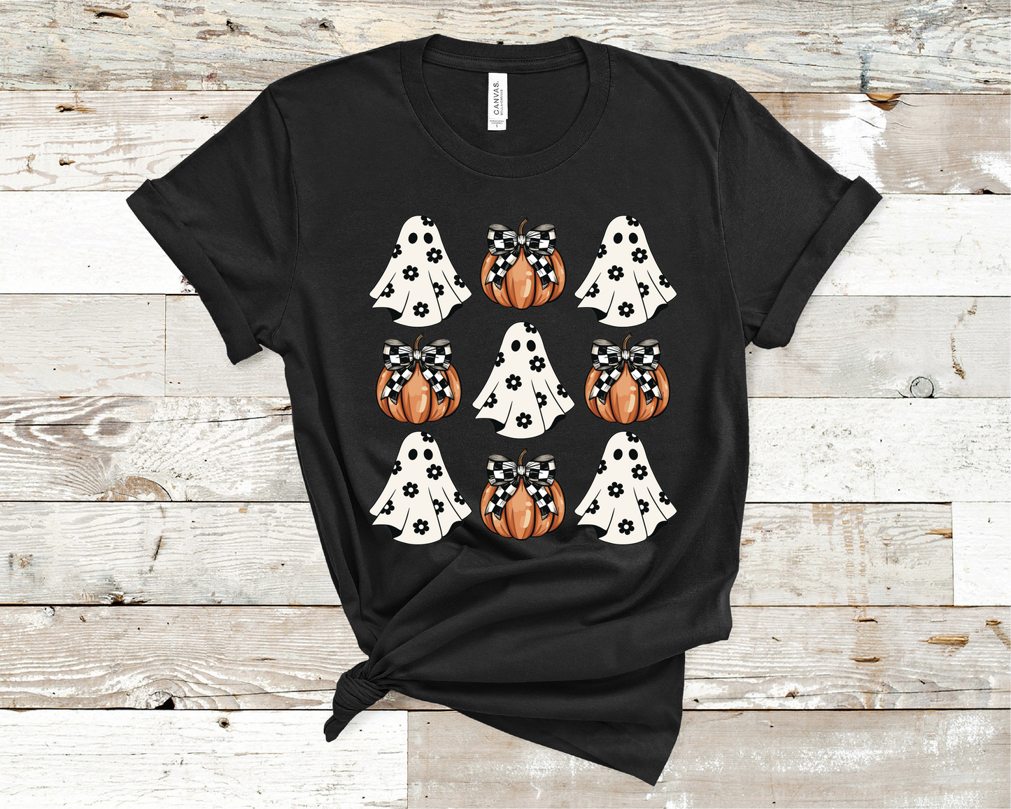 Ghost pumpkins check board Halloween T-shirt fall season.