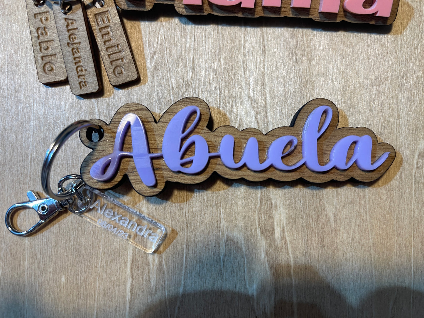 Mother’s Day, custom rustic wood and acrylic keychains with kids charm, grandma keychains