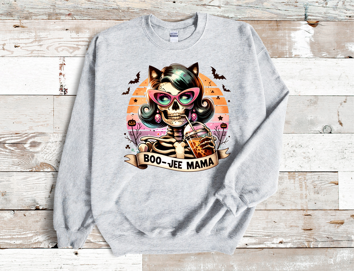 Boo-Jee Mama Skull Mama drinking coffee Crew Neck Sweatshirt