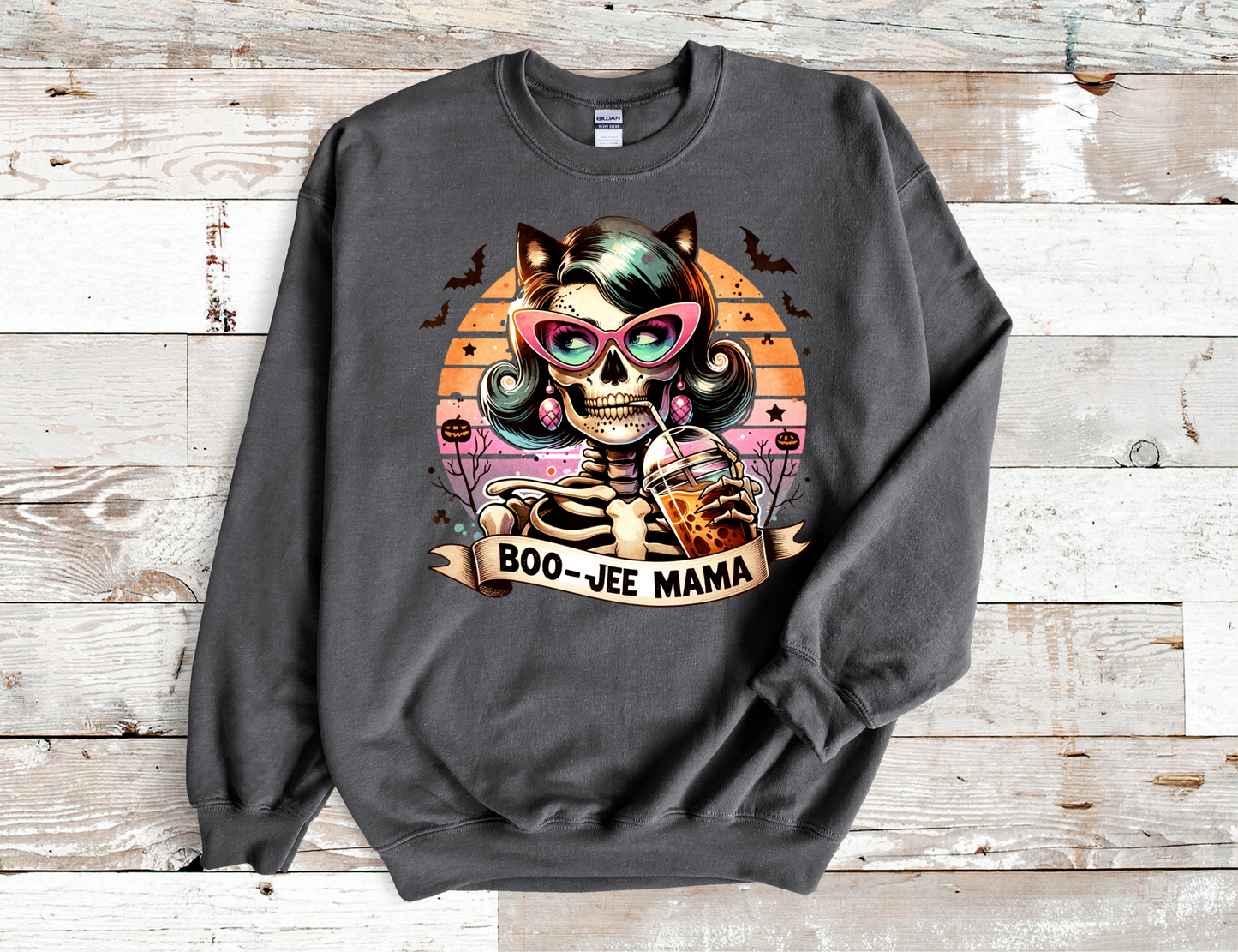 Boo-Jee Mama Skull Mama drinking coffee Crew Neck Sweatshirt