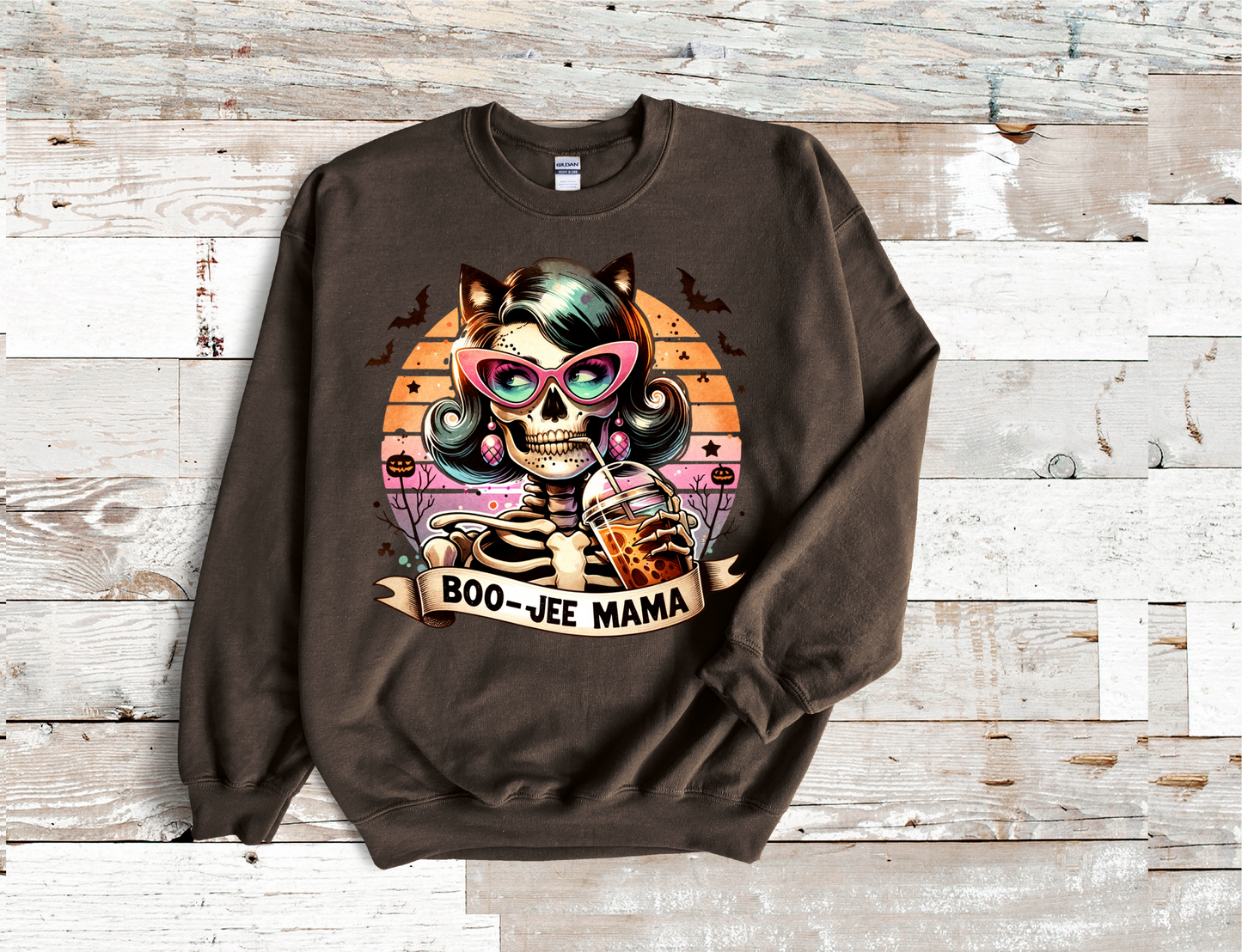Boo-Jee Mama Skull Mama drinking coffee Crew Neck Sweatshirt