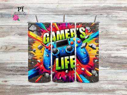 Gamer's Life full color Skinny 20 oz tumbler