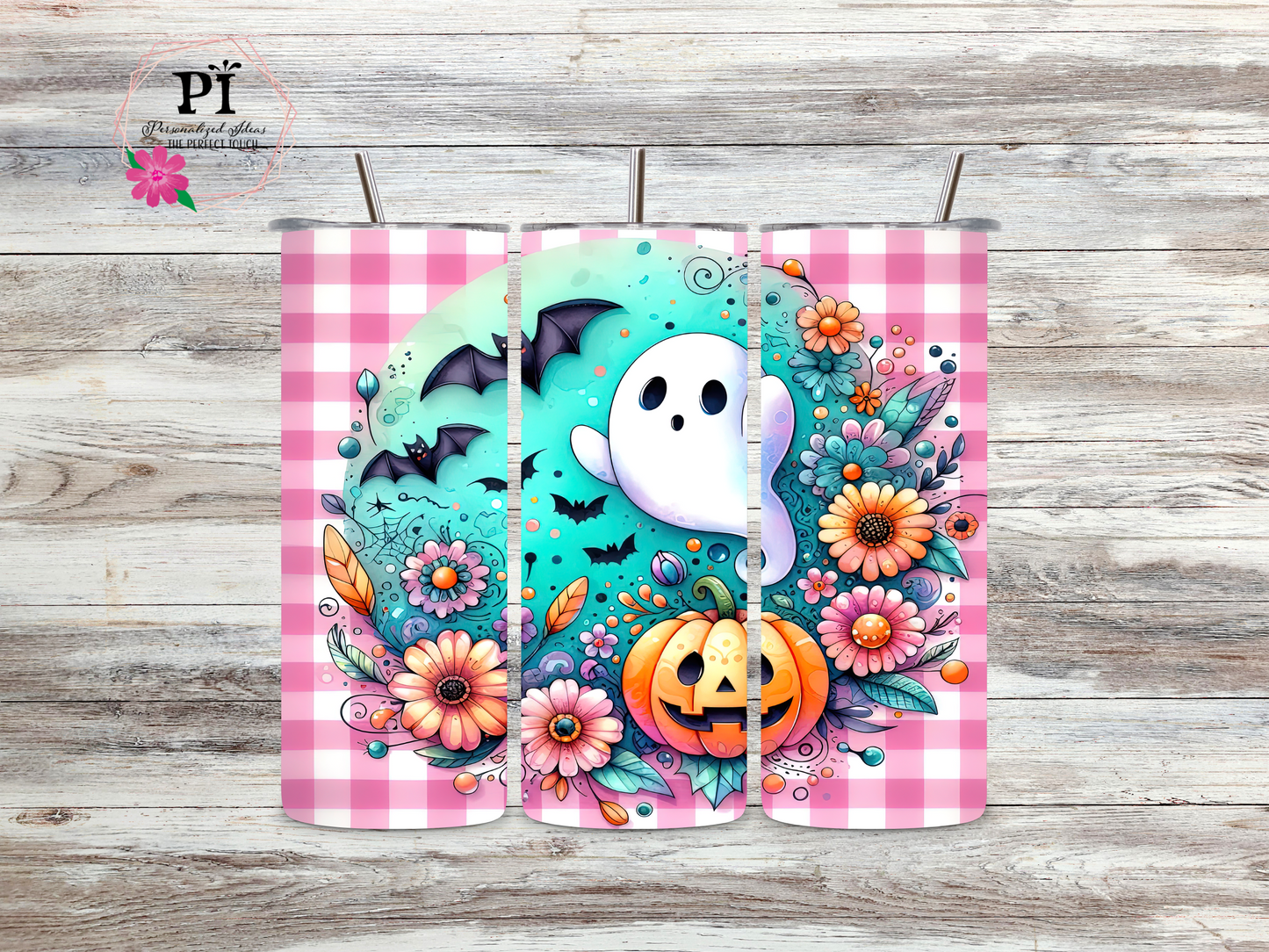 Halloween gingham Ghost pumpkin floral Skinny 20 oz tumbler (Copy)