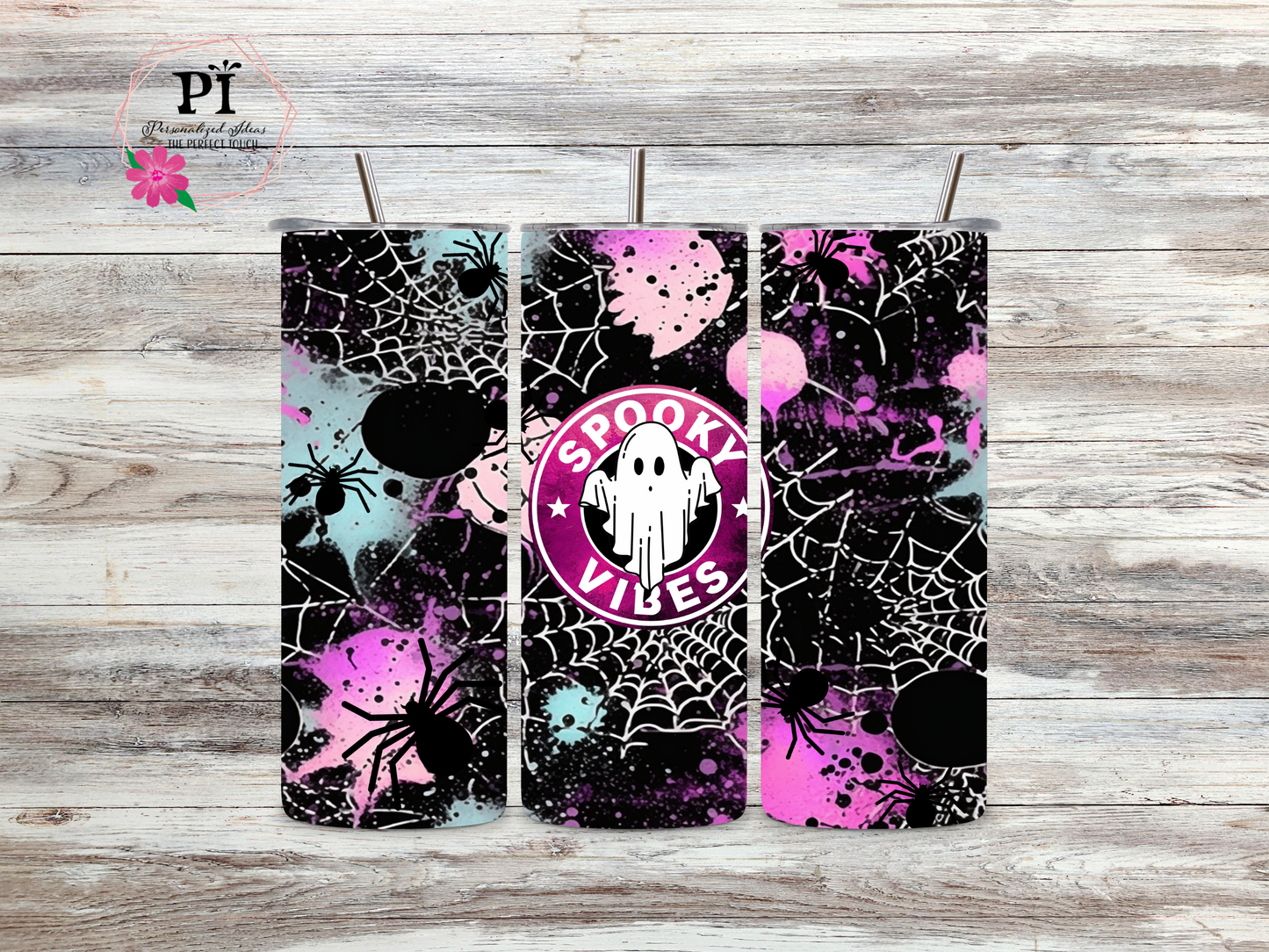 Halloween Spooky Vibes black, and pink ghost 20 oz Skinny tumbler